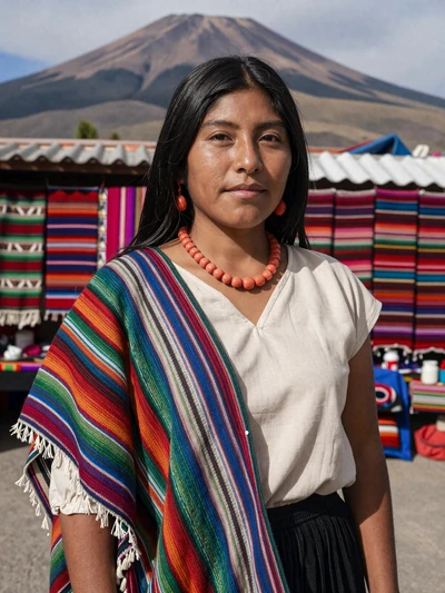 Erika, 29, Kichwa-Ecuadorian woman from Otavalo at the famous artisan market with Imbabura volcano - Latin 312 verified profile