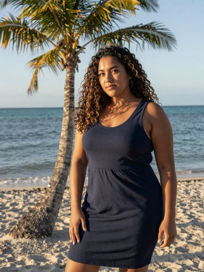 Crystal, 29, Belizean Creole woman from Placencia with curly hair in navy dress near Caribbean palm tree - Latin 312 verified profile
