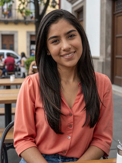 Fernanda, 25, Mexican woman from Mexico City smiling at outdoor cafe - Latin 312 Dating profile