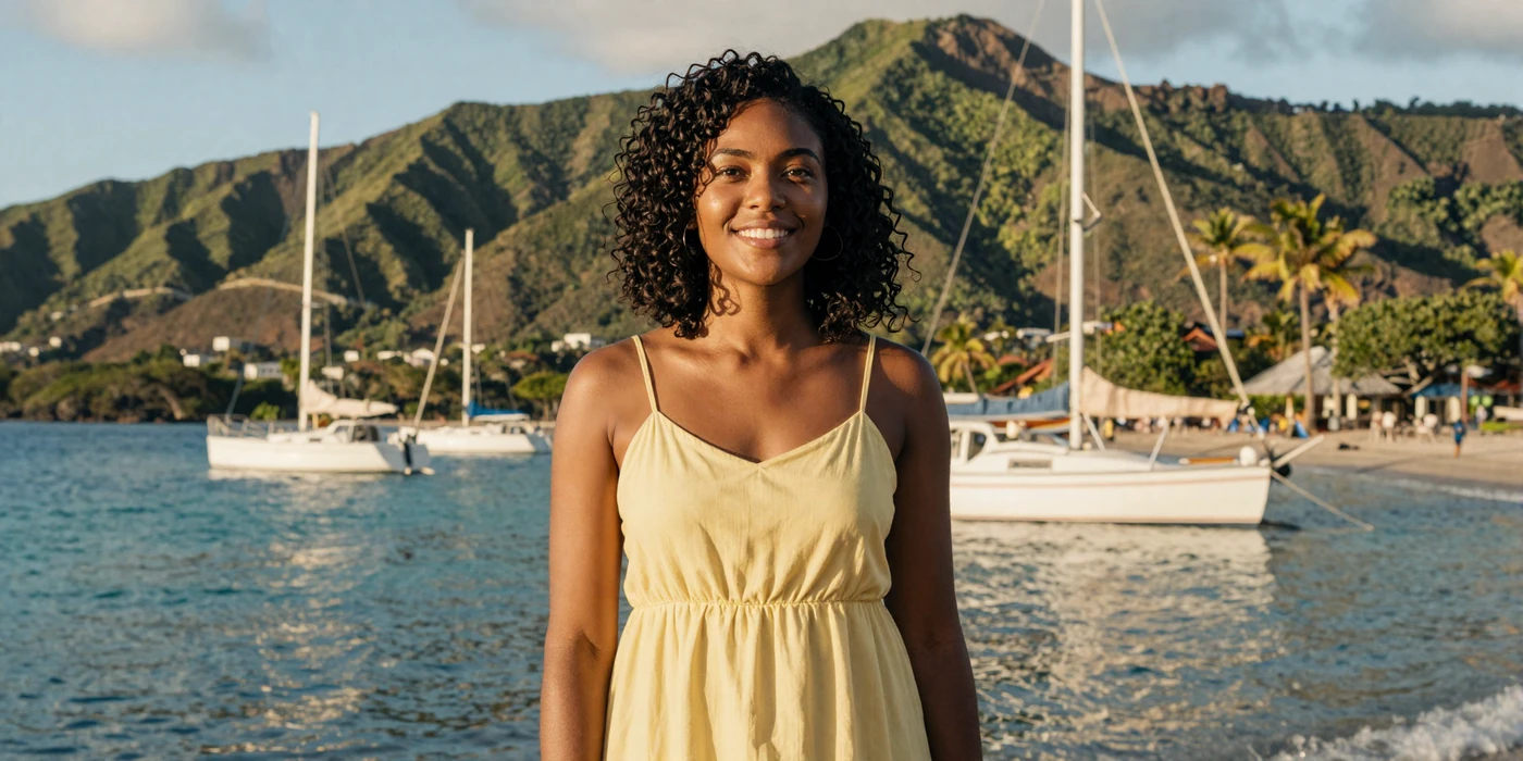Beautiful Vincentian woman smiling at a tropical harbor in Saint Vincent with turquoise Caribbean waters and green volcanic hills at golden hour