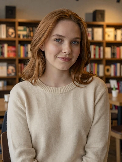 Beatriz, 24, Brazilian single from Curitiba with auburn hair at cozy bookshop cafe - verified dating profile