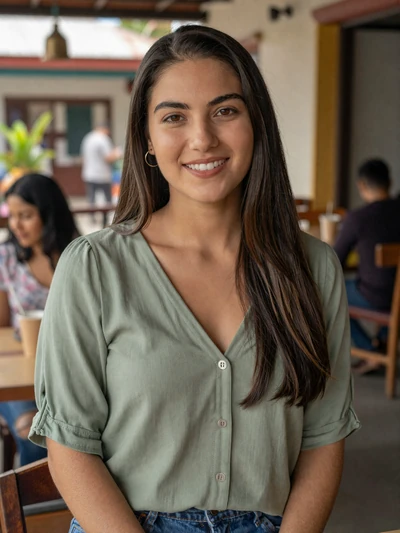 María José, 26, Costa Rican woman from San José with dark hair smiling at outdoor cafe - Latin 312 Dating verified profile