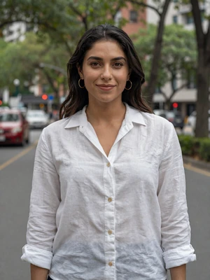 Patricia, 28, Mexican woman with hazel eyes wearing white linen shirt in an urban park in Mexico City