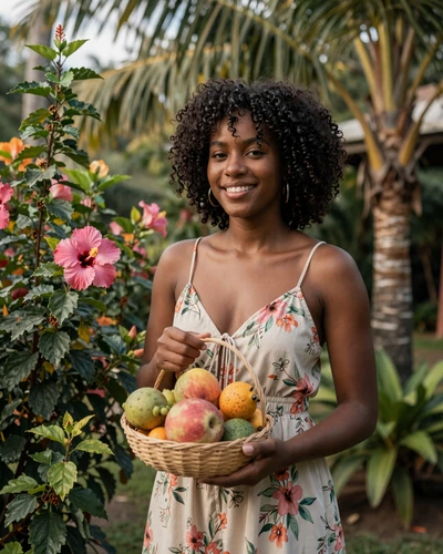 Vincentian woman in a tropical garden with hibiscus flowers holding fresh fruit, showcasing natural Caribbean beauty and warmth