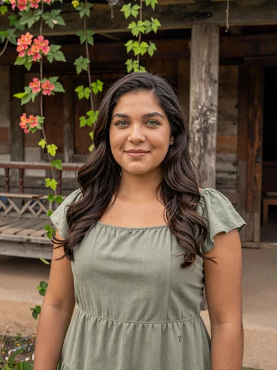 Jade, 28, Belizean Mestizo woman from Orange Walk with green eyes in sage top near traditional Belizean home - verified profile