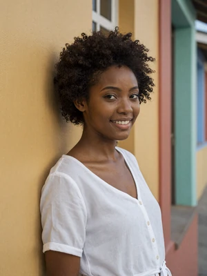 Aaliyah, 25, Grenadian single from Sauteurs with natural afro by colorful Caribbean wall - verified dating profile
