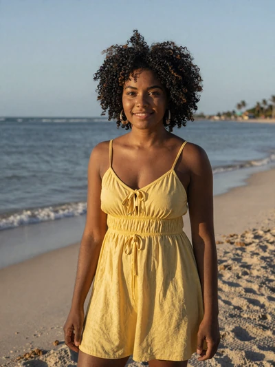 Nyasha, 26, Belizean Garifuna woman from Dangriga with natural afro hair in yellow sundress on Caribbean beach - Latin 312 verified profile