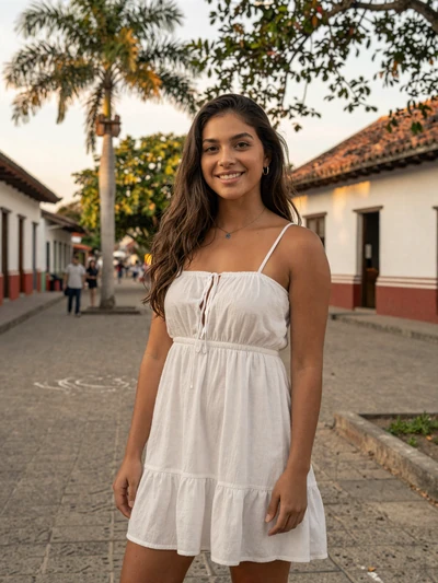 Natalia, 26, Costa Rican single from Santa Cruz in white sundress in Guanacaste town square - verified dating profile