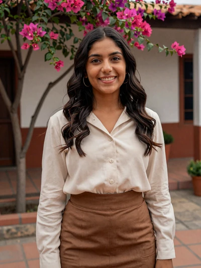 Norma, 28, Paraguayan single from Capiatá in cream shirt at courtyard with bougainvillea - verified dating profile