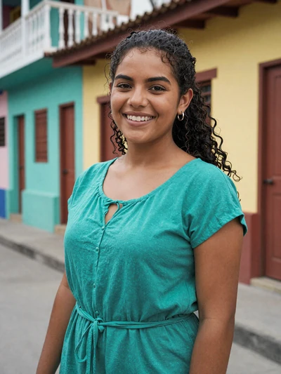 Isabella, 23, Afro-Costa Rican woman from Limón in teal blouse in colorful Caribbean town - Latin 312 verified profile