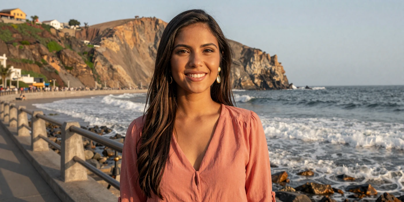 Beautiful Peruvian woman smiling at Miraflores boardwalk in Lima Peru with Pacific Ocean coastline and golden sunset light