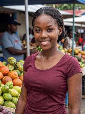 Michelle, 26, Jamaican single from May Pen in burgundy blouse at a colorful market - verified dating profile