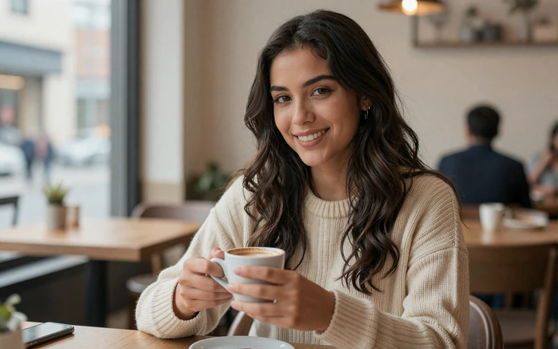 Beautiful Latina woman enjoying coffee at a cafe - latin women dating lifestyle