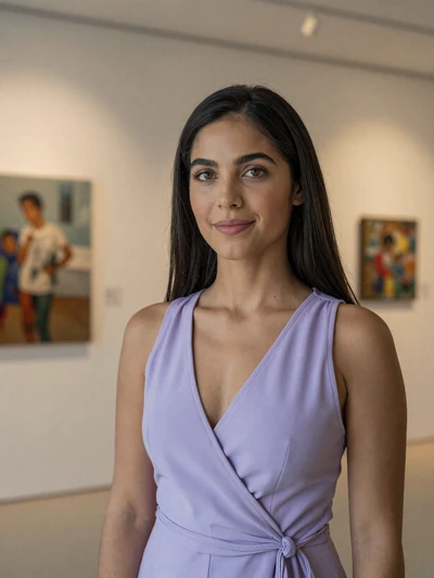 Yudelka, 29, Dominican woman from La Vega in lavender top at modern gallery - Latin 312 verified profile