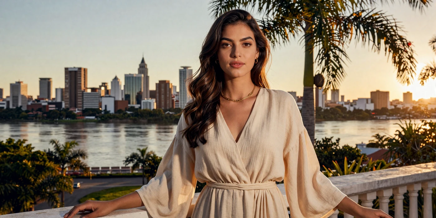 Beautiful Paraguayan woman smiling on a balcony overlooking Asunción and the Paraguay River at golden hour