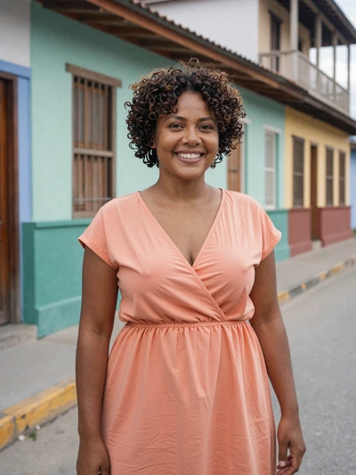 Tanya, 26, Belizean Garifuna-Creole woman from Dangriga with warm smile in peach dress on colorful Caribbean street - verified dating profile