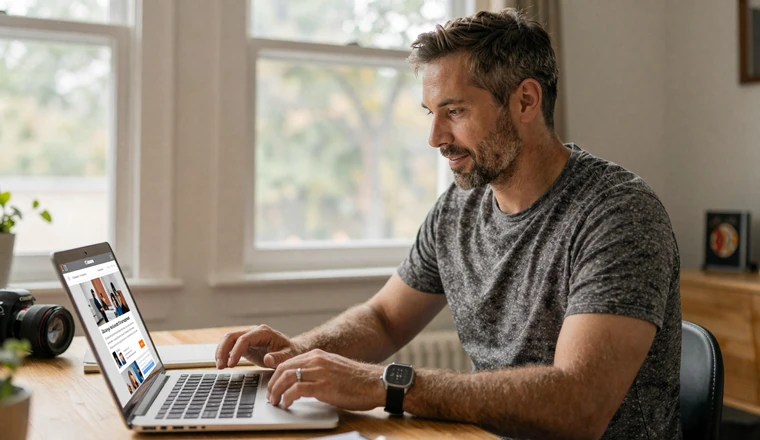 Man browsing the best latina dating sites on his laptop at a home office desk