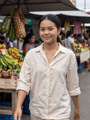 Mei-Lin, 25, Surinamese-Chinese woman walking through Paramaribo central market in cream linen shirt - Latin 312 verified
