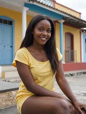 Danielle, 25, Jamaican single from Portmore in a yellow top smiling at a colorful colonial building - verified dating profile