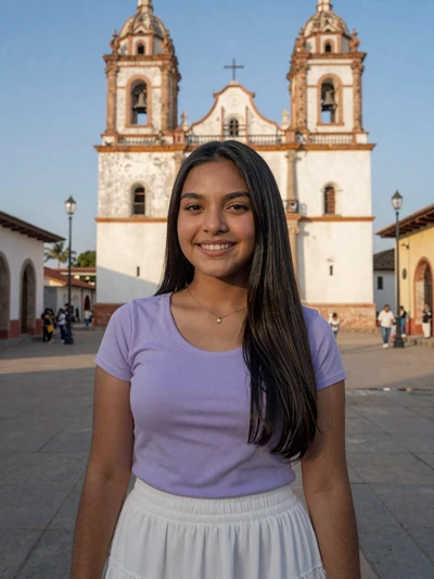 Jazmin, 22, Paraguayan single from Pedro Juan Caballero in lavender top at town plaza with colonial church - verified dating profile