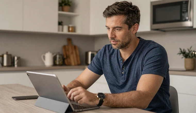 Man video chatting with a Latin woman on his tablet verifying her identity through online dating safety practices