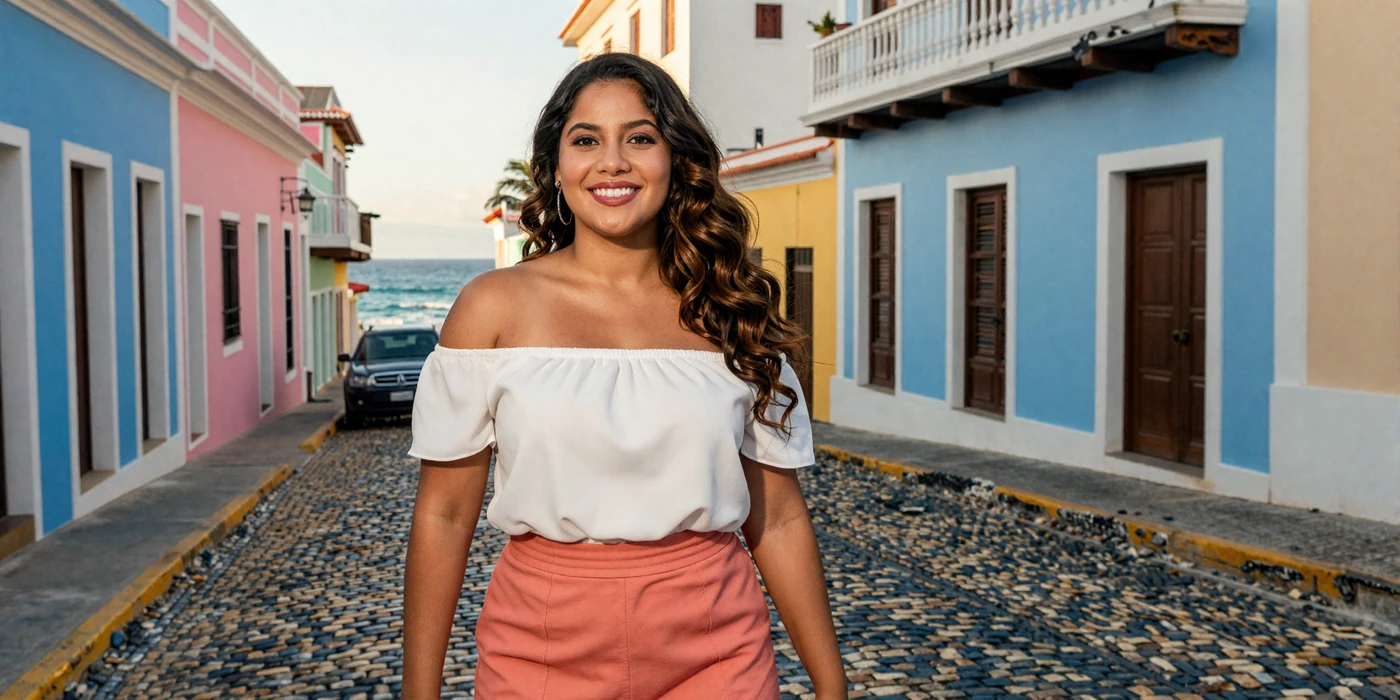 Beautiful Puerto Rican woman smiling on a colorful Old San Juan cobblestone street with pastel colonial buildings and Caribbean ocean at golden hour