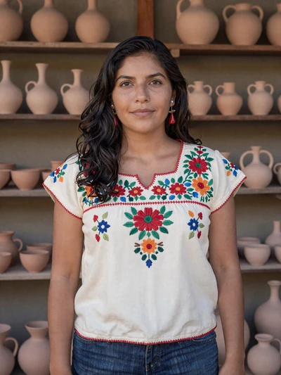 Jacqueline, 27, Salvadoran woman from Ilobasco in embroidered blouse at an artisan pottery workshop - Latin 312 verified profile