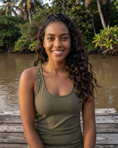 Surinamese-Creole-Javanese woman sitting on tropical river dock with rainforest background at golden hour in Suriname