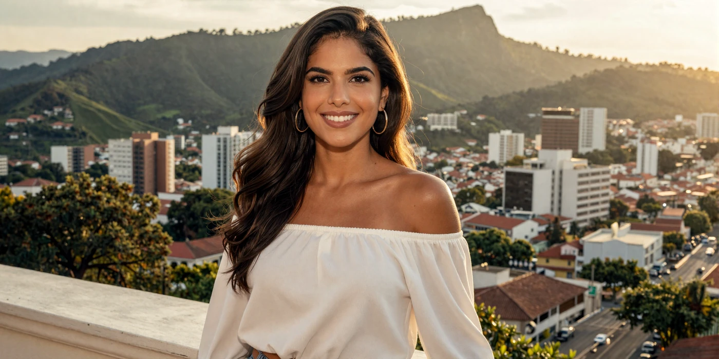 Beautiful Venezuelan woman smiling on a terrace overlooking Caracas with Avila mountain and golden sunset in the background