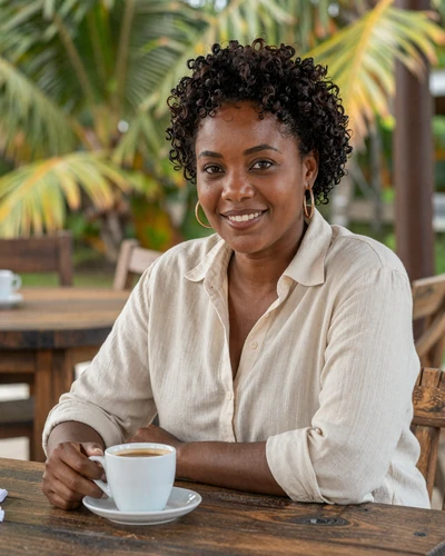 Smiling Jamaican woman enjoying Blue Mountain coffee at a rustic tropical cafe in Jamaica