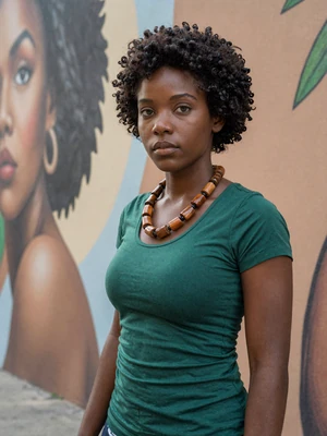 Keshia, 29, Surinamese-Maroon woman in Paramaribo arts district wearing emerald top and wooden beads - verified profile