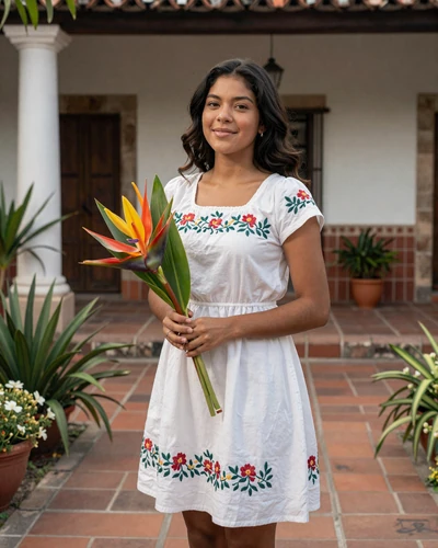 Nicaraguan woman in embroidered white dress holding tropical flowers in a colonial courtyard in Granada with warm afternoon light