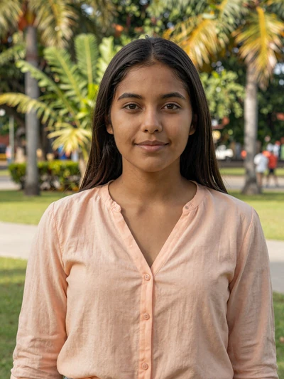 Xiomara, 24, Nicaraguan woman from Managua with dark hair in a peach blouse at a sunny park - Latin 312 Dating verified profile