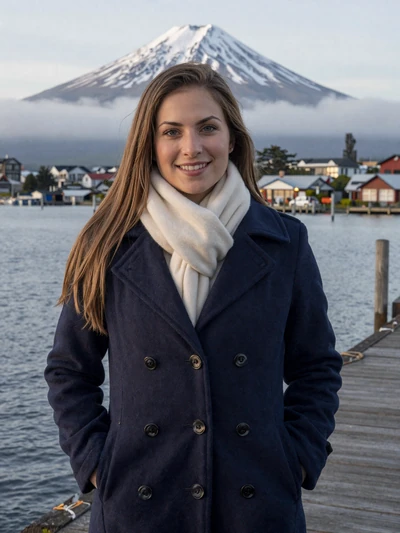Javiera, 26, Chilean single from Puerto Montt with light brown hair at waterfront with Osorno volcano - verified dating profile