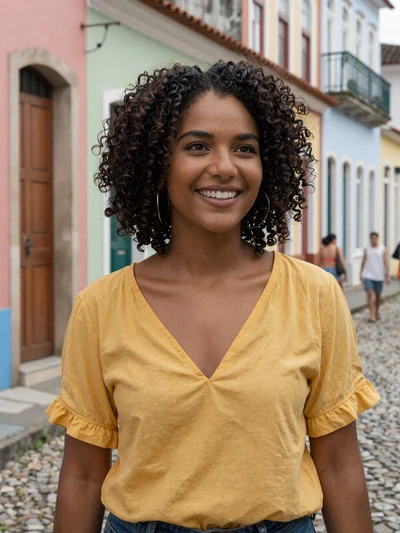 Amanda, 28, Afro-Brazilian single from Salvador in yellow blouse on colorful historic street - verified dating profile