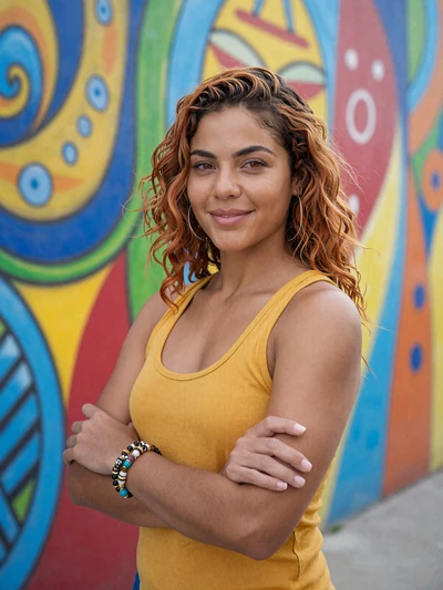 Yenitza, 28, Aruban woman from San Nicolas with auburn hair in front of street art mural - verified dating profile