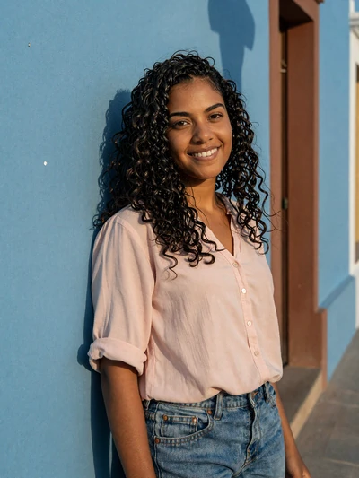 Maikelis, 25, Curaçaoan single from Otrobanda with curly black hair at blue colonial wall - Latin 312 Dating profile