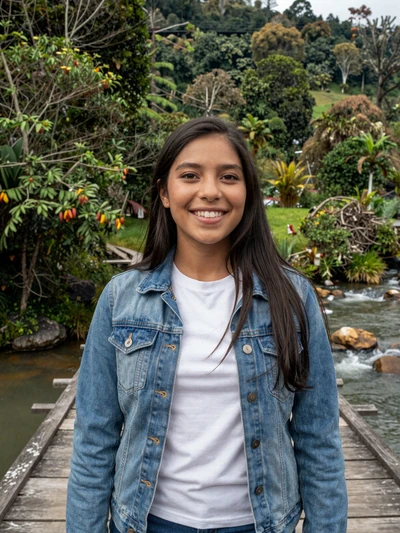 Josefa, 22, Nicaraguan single from Jinotega in white tee and denim jacket on bridge over river - verified dating profile