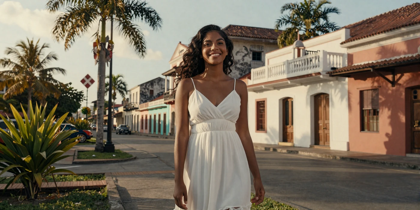 Beautiful French Guianese woman in white sundress smiling in front of colorful colonial architecture in Cayenne at golden hour