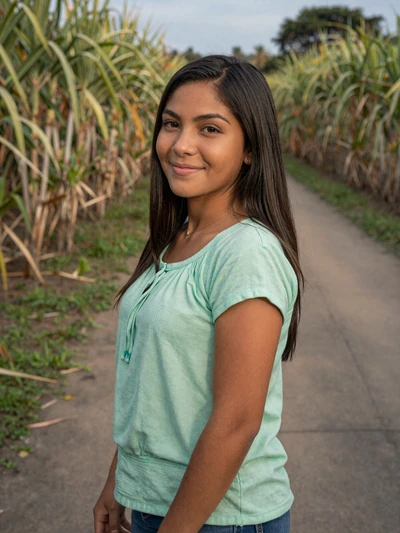 Xiomara, 24, Belizean Mestizo woman from Orange Walk with gentle smile in mint blouse near sugar cane fields - verified dating profile